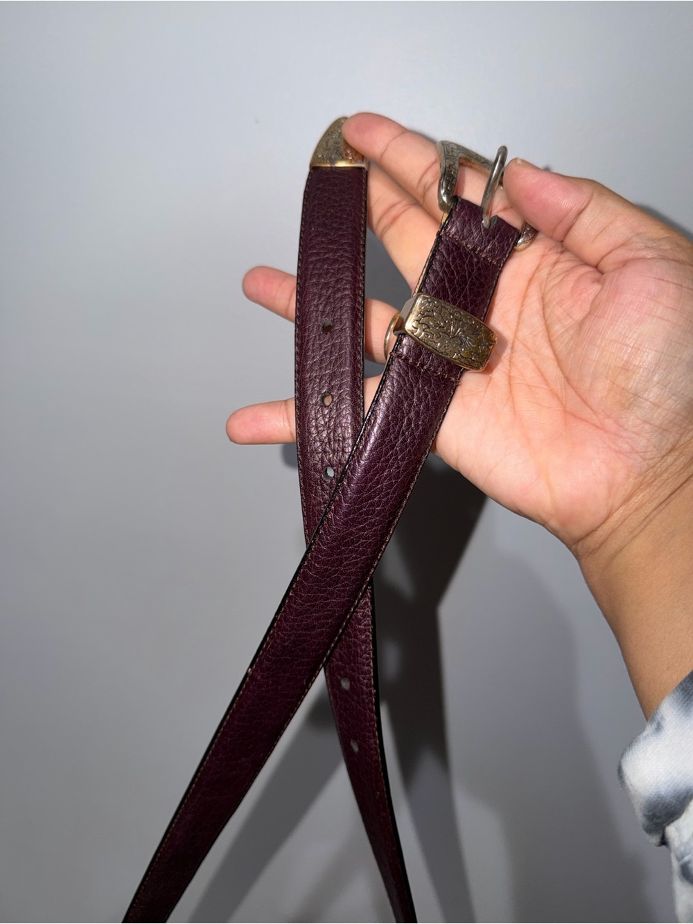 Full Grain Cowhide Leather Belt 36 Burgundy Silver Tone Buckle USA Style - Picture 5 of 7